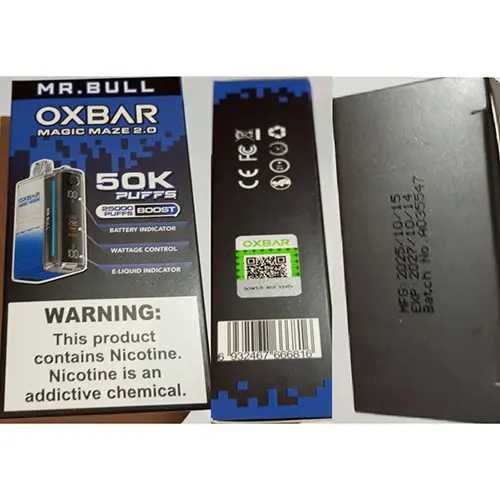 Photo from the official notice: OXBAR MAGIC MAZE 2.0, 50K PUFFS, 25000 PUFFS BOOST disposable electronic cigarette — chemical risk