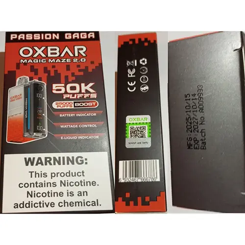 Photo from the official notice: OXBAR MAGIC MAZE 2.0, 50K PUFFS, 25000 PUFFS BOOST disposable electronic cigarette — chemical risk