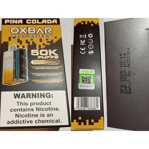 Photo from the official notice: OXBAR MAGIC MAZE 2.0, 50K PUFFS, 25000 PUFFS BOOST disposable electronic cigarette — chemical risk