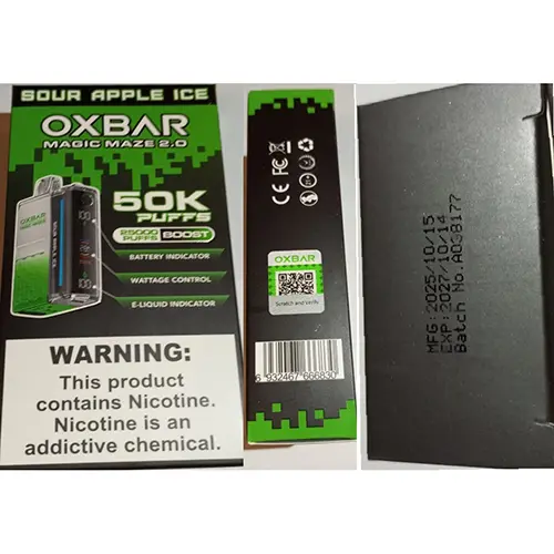 Photo from the official notice: OXBAR MAGIC MAZE 2.0, 50K PUFFS, 25000 PUFFS BOOST disposable electronic cigarette — chemical risk