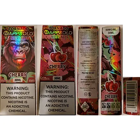 Photo from the official notice: TORNADO HAPPSOLO, NIC SALTS electronic cigarette cartridge — chemical risk