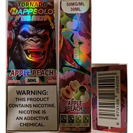 Photo from the official notice: TORNADO HAPPSOLO, NIC SALTS electronic cigarette cartridge — chemical risk