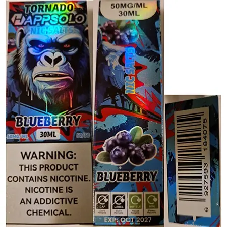 Photo from the official notice: TORNADO HAPPSOLO, NIC SALTS electronic cigarette cartridge — chemical risk