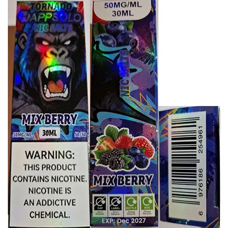 Photo from the official notice: TORNADO HAPPSOLO, NIC SALTS electronic cigarette cartridge — chemical risk