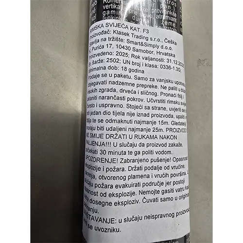 Photo from the official notice: KLASEK PYROTECHNICS F3 - R6008E RIMSKA SVICE 8 RAN fireworks — injuries risk