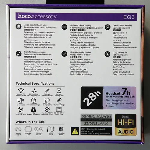 Foto aus der offiziellen Meldung: hoco. CRYSTAL TWS HEADSET; Smart true wireless BT headset purple Drahtlose Ohrhörer — Risiko: Verbrennungen