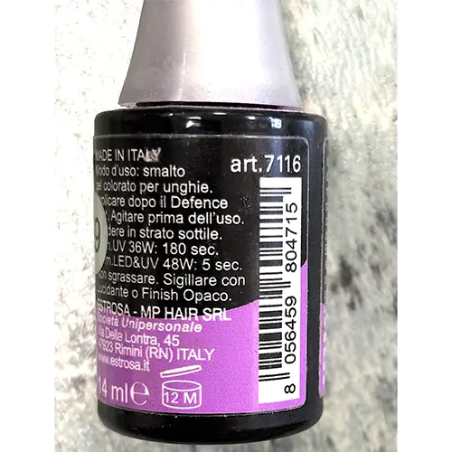 Foto uit de officiële melding: Estrosa Smalto Jacaranda Gel nagellak — risico: Chemische risico's
