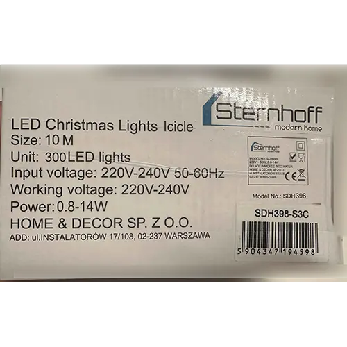Photo de l’avis officiel: Sternhoff LED Christmas Lights Icicle Chaîne d'éclairage — risque: Choc électrique