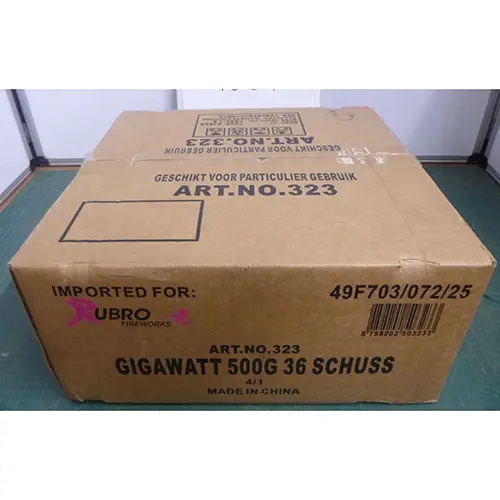 Photo de l’avis officiel: Rubro B.V. Gigawatt 500G 36 Schuss Feux d'artifice — risque: Brûlures & Blessures