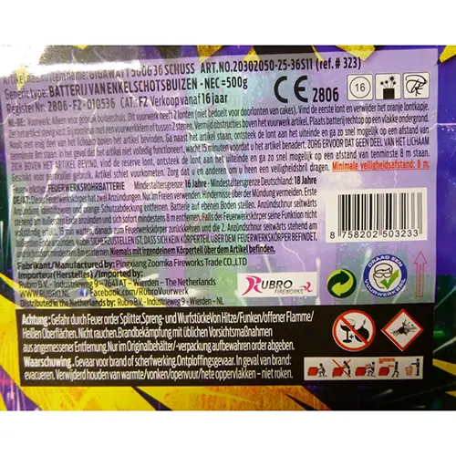 Photo de l’avis officiel: Rubro B.V. Gigawatt 500G 36 Schuss Feux d'artifice — risque: Brûlures & Blessures