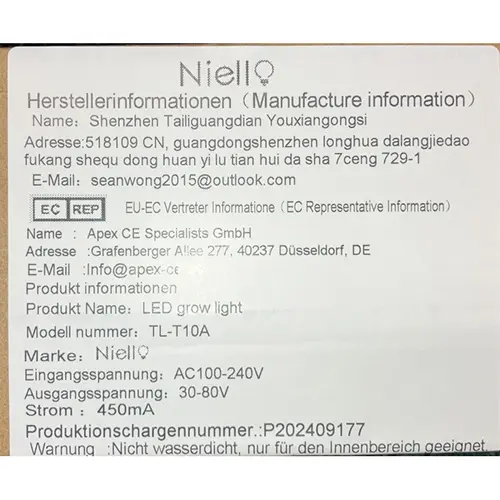 Foto do aviso oficial: Niello LED Grow Light Lâmpada para plantas — risco: Choque elétrico (SR/01477/26)