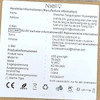 Foto do aviso oficial: Niello LED Grow Light Lâmpada para plantas — risco: Choque elétrico (SR/01477/26)