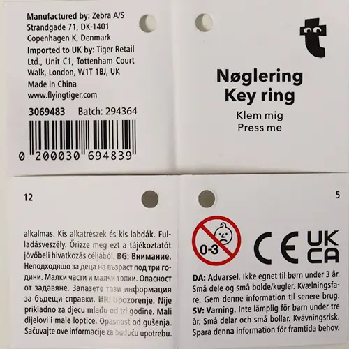 Photo from the official notice: Flying Tiger Copenhagen Noglering Key Ring key ring with toy — choking risk