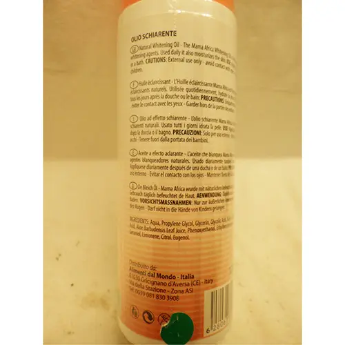 Photo from the official notice: Mama Africa Cosmetics Caro Light natural Whitening Oil with Aloe Vera lightening body oil — chemical risk
