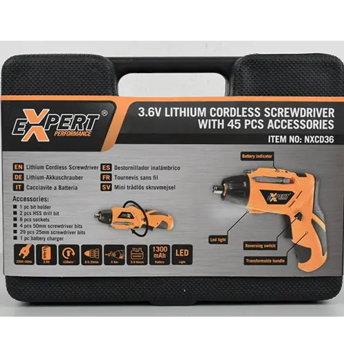 Foto do aviso oficial: EXPERT PERFORMANCE 3.6V LITHIUM CORDLESS SCREWDRIVER WITH 45 PCS ACCESSORIES Chave de fenda sem fio — risco: Queimaduras