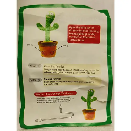 Foto do aviso oficial: SINGING AND DANCING ELECTRIC TOY CACTUS Brinquedo a bateria — risco: Engasgamento & Sufocamento