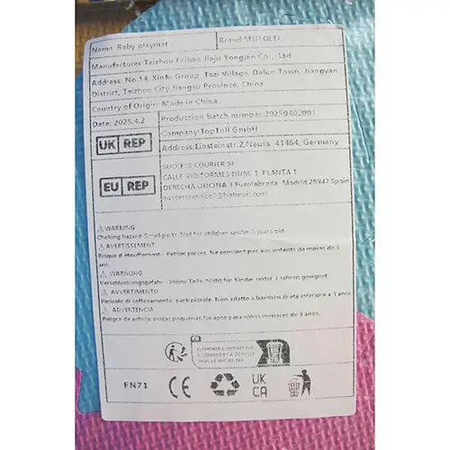 Photo from the official notice: MUSOLEI Kids play puzzle  mat puzzle mat — choking risk