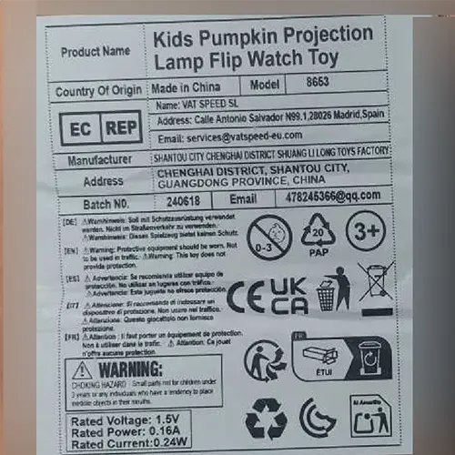 Foto aus der offiziellen Meldung: Montre-jouet à projection citrouille pour enfants, 24 thèmes d’Halloween Spielzeuguhr — Risiko: Chemikalie & Ersticken
