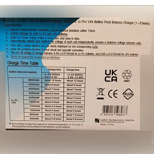 Photo de l’avis officiel: Vapex tech Chargeur de batterie — risque: Choc électrique