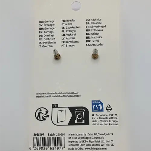 Foto dell’avviso ufficiale: Flying Tiger Earrings Radiate Love Orecchini — rischio: Rischio chimico