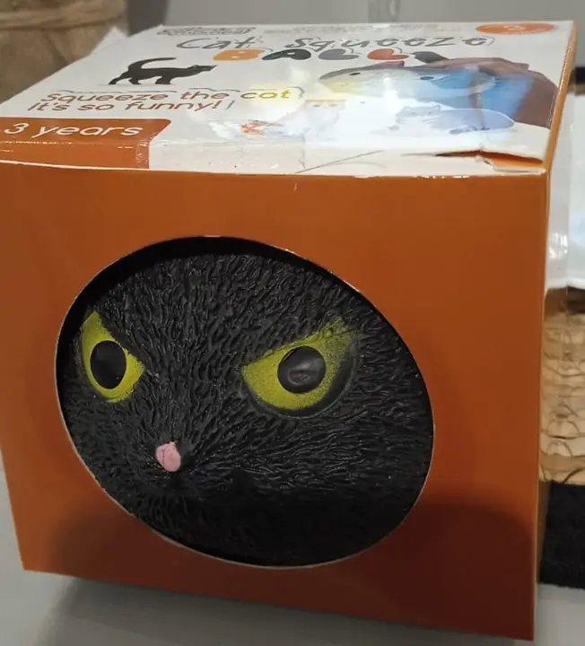 Photo from the official notice: Jeux 2 mômes Pelota un gato un apretón, cat squeeze ball squeeze toy — choking risk