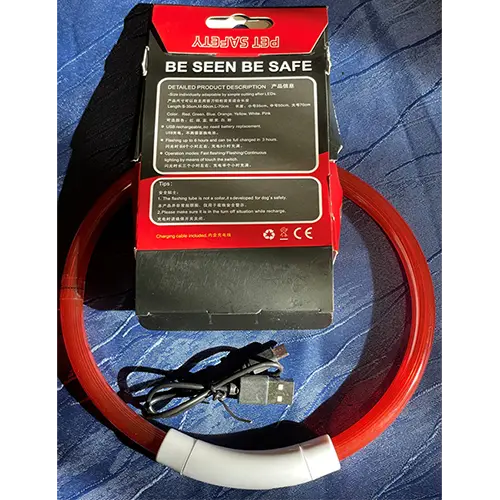 Foto do aviso oficial: Dog’s choice USB Rechargeable Flashing Collar Colar do cão — risco: Queimaduras & Incêndio