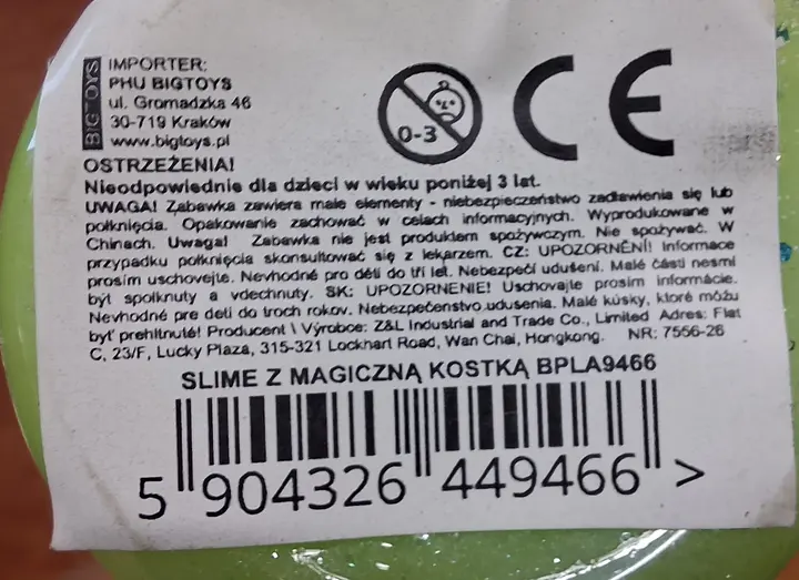 Foto dell’avviso ufficiale: BIGTOYS Slime z magiczna kostka Bavaglino giocattolo — rischio: Rischio chimico