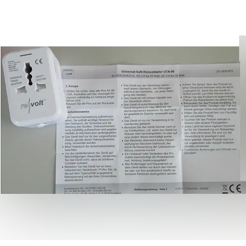 Foto do aviso oficial: revolt Universal Travel Adaptor Adaptador — risco: Choque elétrico