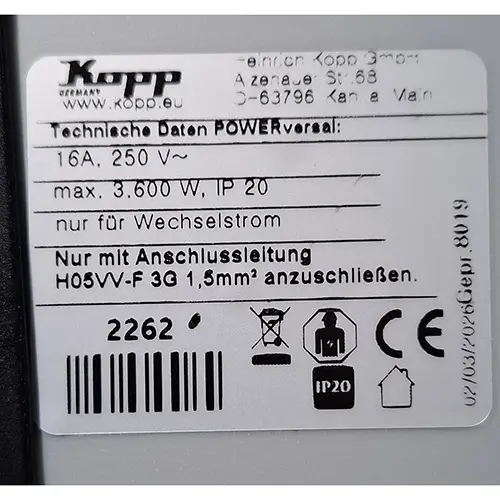 Foto aus der offiziellen Meldung: KOPP POWERversal Verlängerungskabel — Risiko: Elektrischer Schlag (SR/02165/26)
