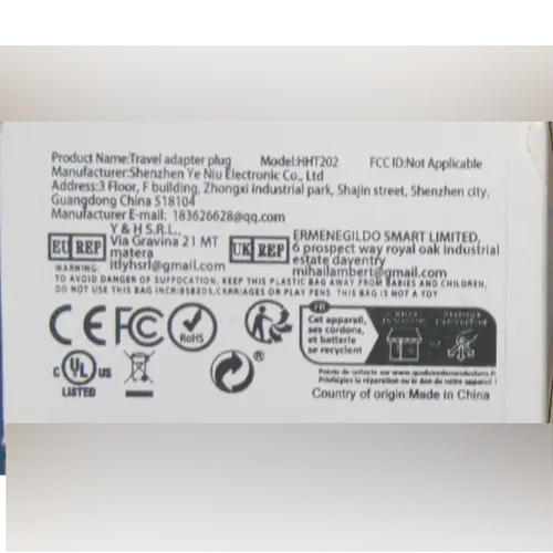 Photo from the official notice: Y&amp;H Travel Universal Adaptor, Travel adapter plug, Power Adapter — electric shock risk