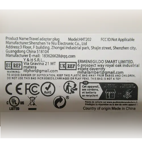 Photo from the official notice: Y&amp;H Travel Universal Adaptor, Travel adapter plug, Power Adapter — electric shock risk