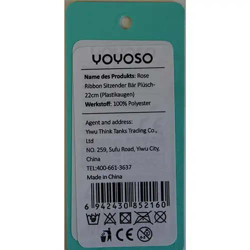 Photo de l’avis officiel: YOYOSO Rose Ribbon Sitzender Bär Plüsch 22cm (Plastikaugen) Jouet souple — risque: Étouffement