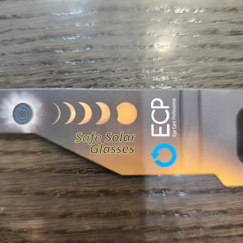 Photo from the official notice: ECP Eye Care Professional Solar Safe Glasses solar eclipse glasses — damage to sight risk