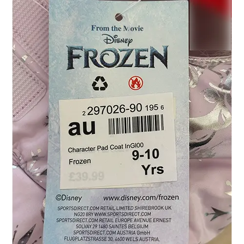 Foto dell’avviso ufficiale: Sports Direct Character Pad Coat Frozen Giacca antipioggia per bambini — rischio: Ambiente