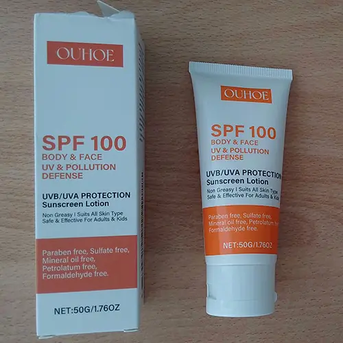 Foto aus der offiziellen Meldung: OUHOE SPF100 BODY &amp; FACE, UV &amp; POLLUTION DEFENSE, UVB/UVA PROTECTION Sunscreen Lotion Sonnenschutz — Risiko: Gesundheitsrisiken/Sonstige