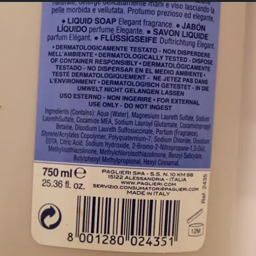 Photo from the official notice: FELCE AZZURRA Elegante liquid soap — chemical risk