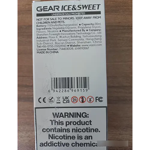 Photo de l’avis officiel: Vozol Gear Ice &amp; Sweet 50K Puffs Cigarette électronique jetable — risque: Risque chimique