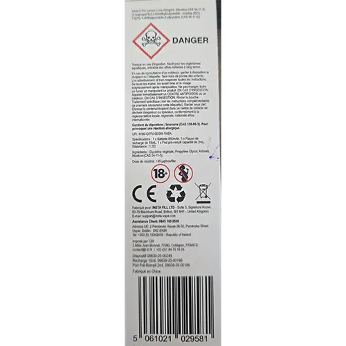 Photo from the official notice: O Pro by Insta Insta O Pro Lemon Lime 20mg/ml disposable electronic cigarette — chemical risk