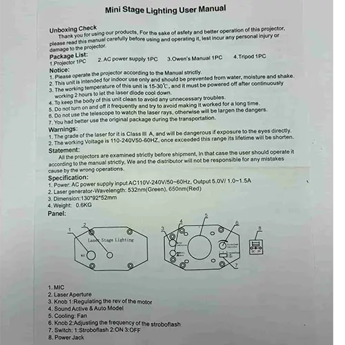 Foto dell’avviso ufficiale: Mini Laser stage lighting. Holographic laser star projector Proiettore laser — rischio: Danno alla vista