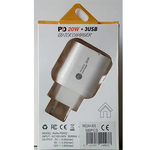 Photo de l’avis officiel: PD 20W + 3USB QUICK CHARGER Chargeur USB — risque: Choc électrique