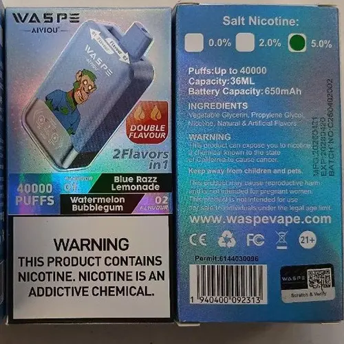 Foto aus der offiziellen Meldung: WASPE AIVIOU 40000 PUFFS DOUBLE FLAVOR SALT NICOTINE 5,0% 36ML Elektronische Einwegzigarette — Risiko: Chemikalie