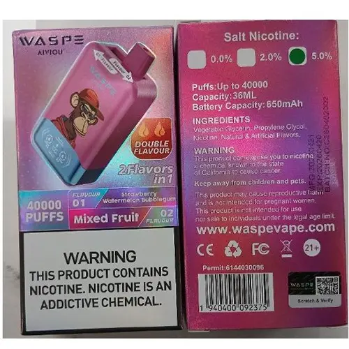 Foto aus der offiziellen Meldung: WASPE AIVIOU 40000 PUFFS DOUBLE FLAVOR SALT NICOTINE 5,0% 36ML Elektronische Einwegzigarette — Risiko: Chemikalie