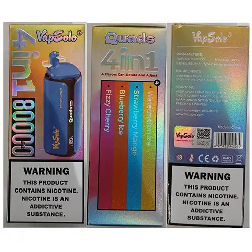 Foto del aviso oficial: VapSolo ® 4in1 80000 PUFFS 5% NICOTINE Cigarrillo electrónico desechable — riesgo: Riesgos químicos