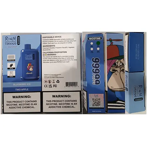 Photo from the official notice: RENdM TORNADO 99999 PUFFS NICOTINE 2% 60ML disposable electronic cigarette — chemical risk