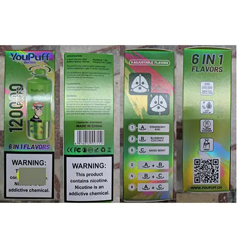 Photo from the official notice: YouPuff BoCree 6 IN 1 FLAFORS, 120000 puffs disposable electronic cigarette — chemical risk