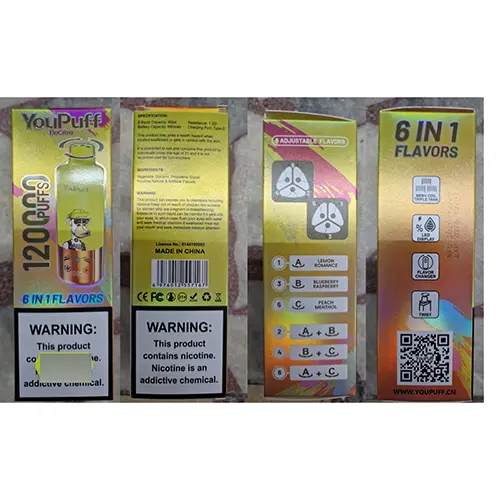 Photo from the official notice: YouPuff BoCree 6 IN 1 FLAFORS, 120000 puffs disposable electronic cigarette — chemical risk