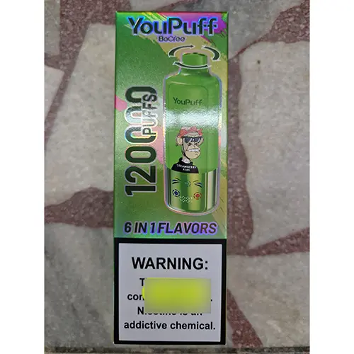 Photo from the official notice: YouPuff BoCree 6 IN 1 FLAFORS, 120000 puffs disposable electronic cigarette — chemical risk