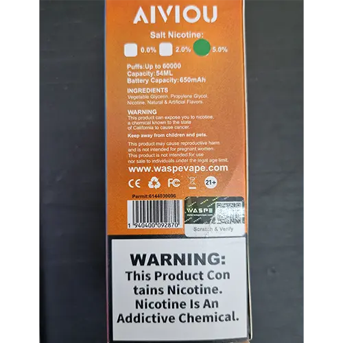 Photo from the official notice: AIVIOU WASPE 3in1, 5 % NICOTINE, 60000 puffs disposable electronic cigarette — chemical risk