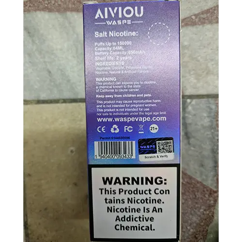 Photo de l’avis officiel: AIVIOU WASPE 150K, 6 ADJUSTABLE FLAVORS, 150000 puffs Cigarette électronique jetable — risque: Risque chimique