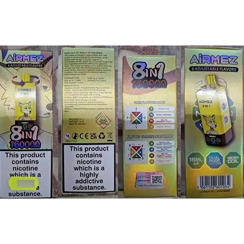 Photo from the official notice: AiRMEZ 8 ADJUSTABLE FLAVORS, 8in1, 160000 puffs disposable electronic cigarette — chemical risk